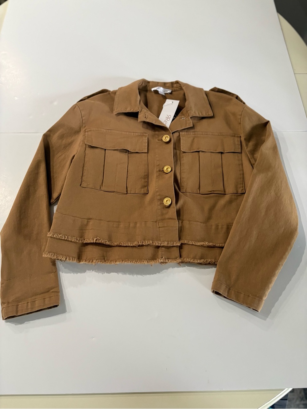 Renuar Cropped Jacket in Brown with Gold Buttons, New